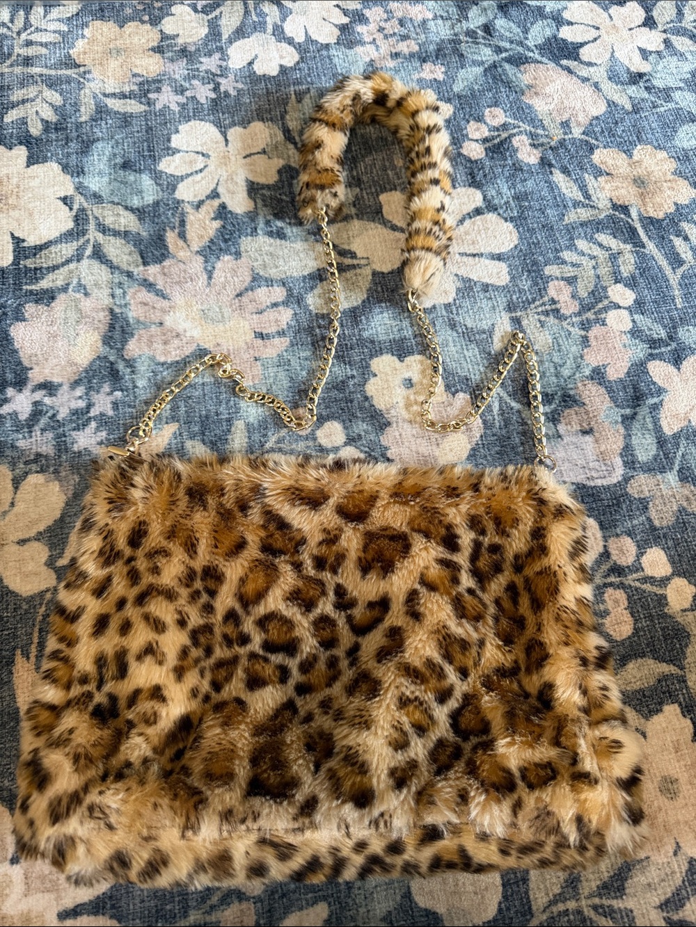 Leopard Print Faux Fur Shoulder Bag with Gold Chain